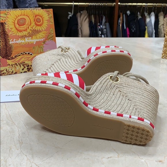 SALVATORE FERRAGAMO RED WHITE STRIPED FABRIC JUTE ESPADRILLES W/CALF LEATHER 8.5 - Picture 10 of 14